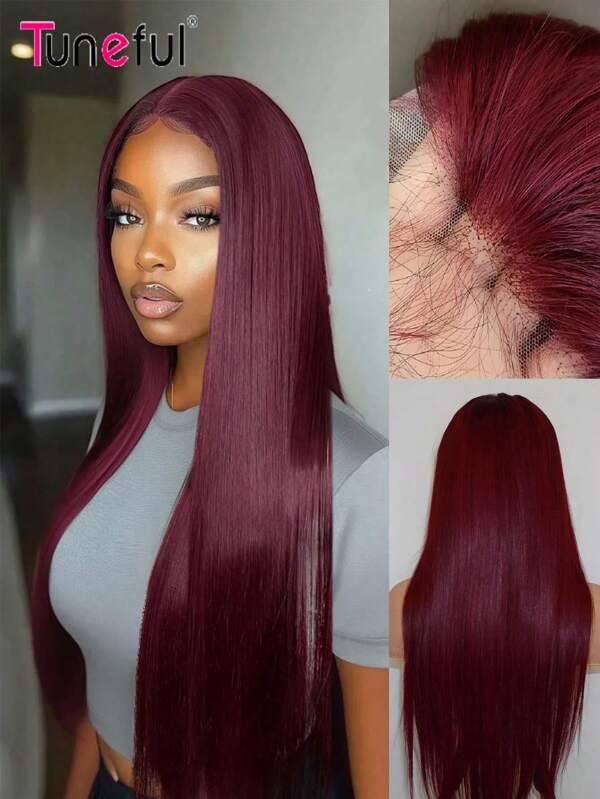 Tuneful Tuneful Wigs Burgundy 99J 13x6 Voorgeplukte Transparante Lace Front Pruik Echt Haar Zijde Recht Rode Wijnkleurige Pruiken Fit Better Lace Front Pruik Natuurlijke Haarlijn & Kleine Knopen Lace Front Gekleurde Pruiken Voor Vrouwen