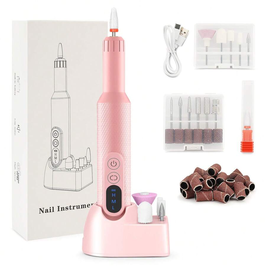 Portable Electric Nail Drill, Cordless Rechargeable Nail File With Base & Multiple Drill Bits, For Gel Acrylic Nails, Manicure Pedicure At Home Salon, Ideal Daily Use & Holiday Gift For Women - 粉色 - 查看 1