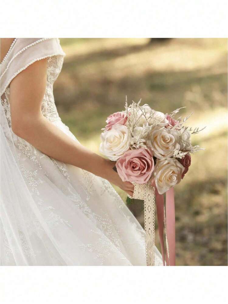 Artificial Burgundy Rose Bouquet, Wedding Bridal Bridesmaid Bouquet, Church Home Decor Gift - Multicolor - View 3