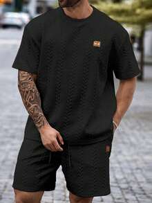 Men's Short-Sleeved Suit With Solid-Color Jacquard Texture, Crew Neck Shirt + Shorts With Pockets And Patches, Suitable For Vacation And Leisure Outings, Spring And Summer Wear, A Great Gift For Family And Friends. - 黑色 - 查看 6
