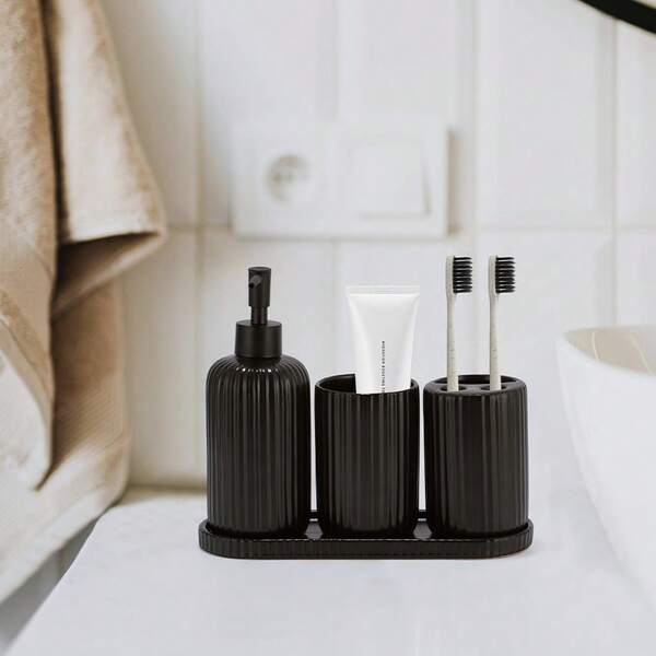 4 Pcs Bathroom Accessories Set, Bathroom Organizer Countertop, Soap Dispenser And Toothbrush Holder, Mouthwash Cup, Tray Set, Vanity Tray For Bathroom, 4 Pieces Modern Decor, Elegant Black