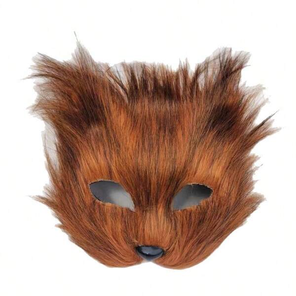 New Brown Long Fur Fox Half Face Mask, Plush Animal Mask Prop For Masquerade, Halloween Party