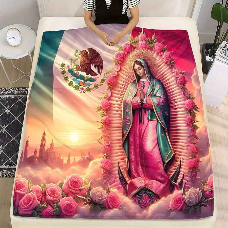 Virgin Mary And Rose Printed Flannel Blanket– Soft, Perfect For All Seasons,     Washable And Machine-Washable, Lightweight, Breathable, Comfortable, Warm,  Unique, 280gsm For Him And Her, Perfect For Naps, Camping, Travel, Family, Daily Life, Office Decoration, Birthday Anniversaries, Valentine's Day, Thanksgiving, Christmas, Halloween, Mother's Day, Father's Day, Wedding,   New Year Gifts Provide Personalized Ideal Gifts For Her, Him, Family Members, Boyfriends,  Girlfriends, Fathers, Family Members, Mothers, Lovers,   Daughters, Sons,   Grandfathers, Grandmothers,   Friends, Classmates And Pets.   Sofa,Bed,Car,Bedroom,Living Room,Office,  Outdoor Camping, Beach,Wall Decoration Made From USA - 多色10 - 查看 1