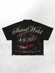 [Y2K Belief  Impact T-Shirt] The Artistic Fonts "SaintWRLD" And "In God We Trust" Are Matched With Individual Lip And Tooth Images, And Y2K Style Old Burrs And Retro Hot Stamping Techniques Are Integrated, Made Of Pure Cotton. - 黑色 - 查看 2