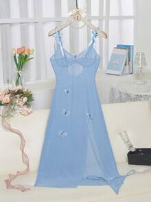 Women's 2-Piece Seductive Semi-Sheer Soft Mesh Slit Dress With Delicate Bow Halter And Butterfly Embellishment Detail, Cool Material, Perfect For Summer Holiday Lingerie And Dresses - 藍色 - 查看 8