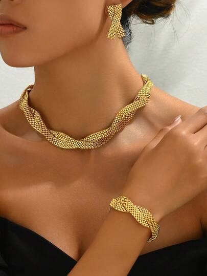 18 Karat vergoldetes 4-teiliges minimalistisches breites Halsketten-, Ohrring-, Armband- und Mesh-Schmuckset für Damen, Cut Out