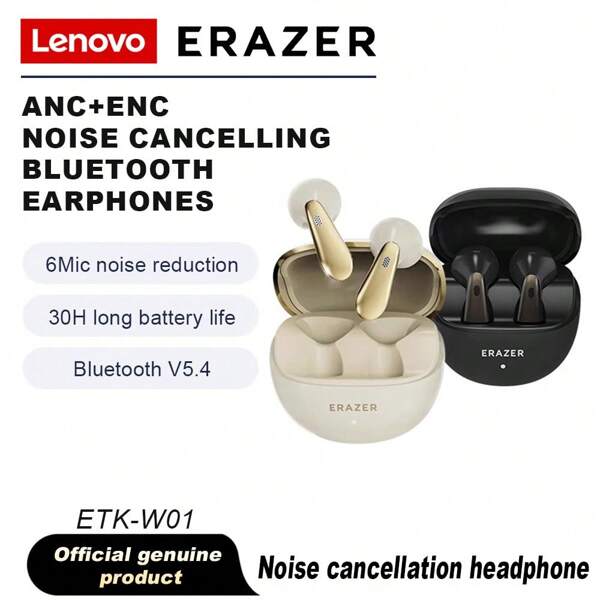 Lenovo Lenovo ERAZE ETK-W01 Auriculares inalámbricos híbridos con cancelación activa de ruido (ANC), 6 micrófonos ENC para llamadas claras, resistentes al agua, Bluetooth 5.4+EDR, auriculares estéreo con graves potentes, 30 horas de duración de la batería, para música, juegos, oficina y deporte