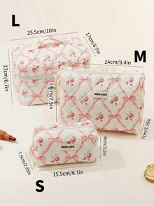 3pcs/Set Pink Bow Knot & Rose Design Quilting Cosmetic Bag, Fashionable Portable Makeup Bag, Multi-Functional Storage Bag For Lipstick, Sanitary Napkin, Coins, Keys Etc, Large Capacity Lovely Wash Bag For Travel Organizer Cosmetic Bag For Travel, Mother's Day Gift Back To School Autumn University Essentials Travel Essentials Holiday Vacation Travel Bag For Women Makeup Organizer