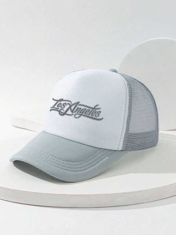 1 pièce Casquette de baseball gris clair ajustable en maille avec texte artistique imprimé pour homme, casquette de camionneur pour usage extérieur