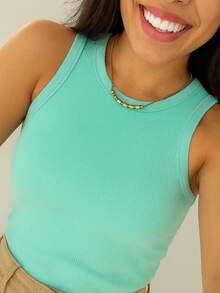 Women's Ribbed Polyester Cropped Tank Top Comfortable Casual Summer Fashion - Mint Blue - View 1