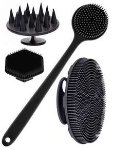Bộ 4 bàn chải massage toàn thân bằng silicon - 1 bàn chải chà mặt, 1 bàn chải chà lưng cán dài, 1 bàn chải tắm ngắn, 1 bàn chải chải tóc da đầu, bàn chải làm sạch mặt và toàn thân cầm tay không dùng điện có tay cầm chống trượt, làm sạch và massage hiệu quả cho mọi bộ phận cơ thể - màu đen - Xem 13