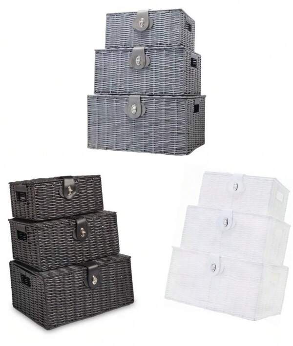 Vencier Set Of 3 Resin Woven Storage Basket Box With Lid & Lock, Black, Large, Medium, Small