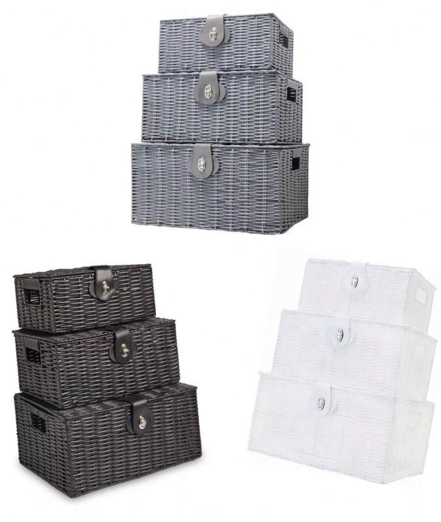 Vencier Set Of 3 Resin Woven Storage Basket Box With Lid & Lock, Black, Large, Medium, Small - Black - View 1