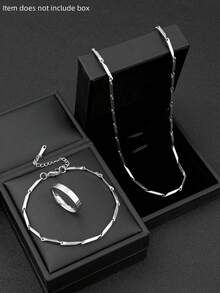 3 件不锈钢首饰套装细链项链手链亮面戒指简约时尚酷炫风格适合日常佩戴节日礼物开业季配饰 - 珠寶套裝(不含盒子) - 查看 8