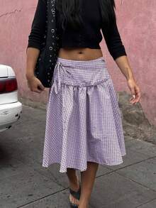 Women Plaid Wrap Skirt Side Tie Waist Boho Beach A-Line Midi Skirts Casual Party Long Skirts - 紫色 - 查看 1