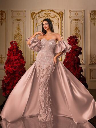 Olivgrön 3D-bladpärlbroderi med axelbandslös puffärm i satin, sjöjungfru- och lyxig aftonklänning i hovstil