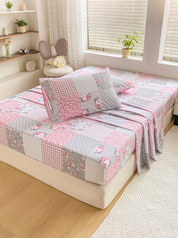 4pcs Floral Pattern Bedding Set, Includes 1 Fitted Sheet, 1 Flat Sheet And 2 Pillowcases, Protects Mattress (Pillow Insert Not Included). Luxury Fitted Sheet Set, Available Sizes: Super King, King, Queen, Twin. Soft And Comfortable, Suitable For Bedroom, Protects Mattress. Machine Washable.