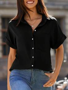 Fnortc Summer Women's Utility Tops Button Down Shirts Pocket Covered Sleeve Tops - 黑色 - 查看 3