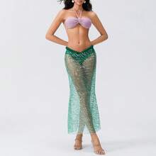 Women Mermaid Outfit, Halterneck Pearled Bra With Sequined Sheer Skirt Halloween Costume 2-Piece Outfit - 藍色 - 查看 7