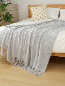 1pc Light Blue Diamond Plaid Knitted Blanket, Nordic Casual Style Tasseled Rectangular Warm Throw Blanket For Sofa, Office Nap, Everyday Use - Diamond Shaped Scarf Grey - View 4