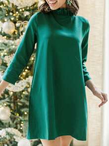 1Pcs Women  Faux Silk Satin Three-Quarter Sleeve Stand Ruffle Collar Knee-Length Mini Dress, Straight Cut,  Playful Bow Design On The Back, Back Tie, Light And Shiny, Suitable For Any Party Daily Or Gathering - 墨綠色 - 查看 2