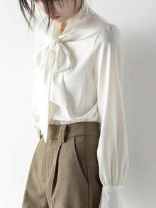 Camisa de mujer, nueva temporada, estilo profesional, camisa blanca de gasa con lazo, manga larga de gasa. - Blanco - Ver 5