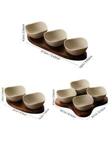 2/3/4 Compartment Rustic Ceramic Fruit Plate With Rosewood Tray, Snack Nut Serving Platter, Cake Slice & Fruit Display Plate, Suitable For Home, Restaurant, Birthday, Party - Stoneware+Brown - View 2