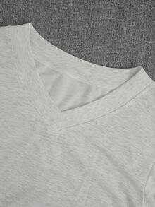 女士时尚休闲舒适V领罗纹袖长袖上衣+长裤，秋冬春季 - 灰色 - 查看 6