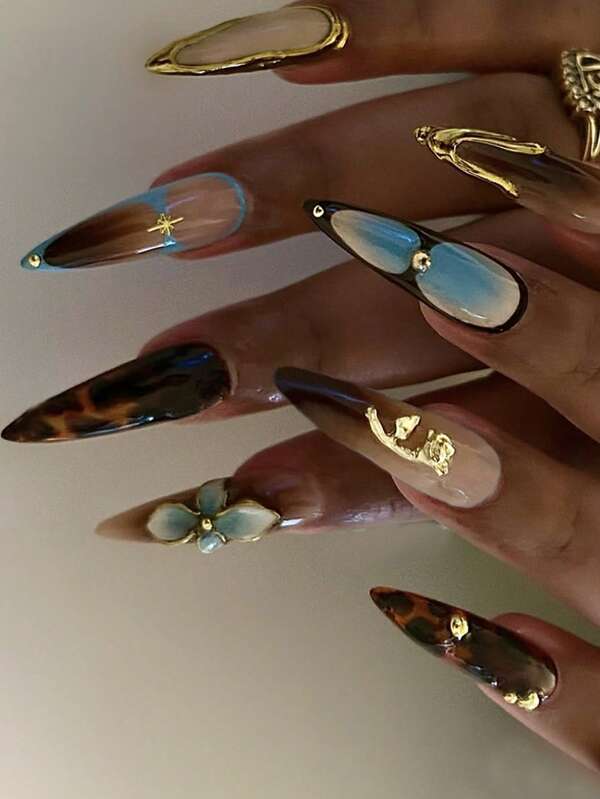 24pcs Medium-Length Almond Press On Nails&Fake Nails, Brown Gradient And Leopard Print, Exquisite Alloy Rose, Three-Dimensional Golden Lines, Elegant And Sexy Design Style,Is A Surprise Gift For Girls And Women