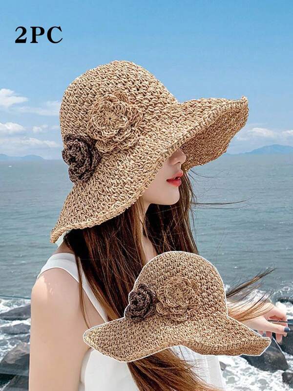 1pc Women's Straw Hat, Foldable Floral Beach Sun Hat With Large Brim For Summer UV Protection