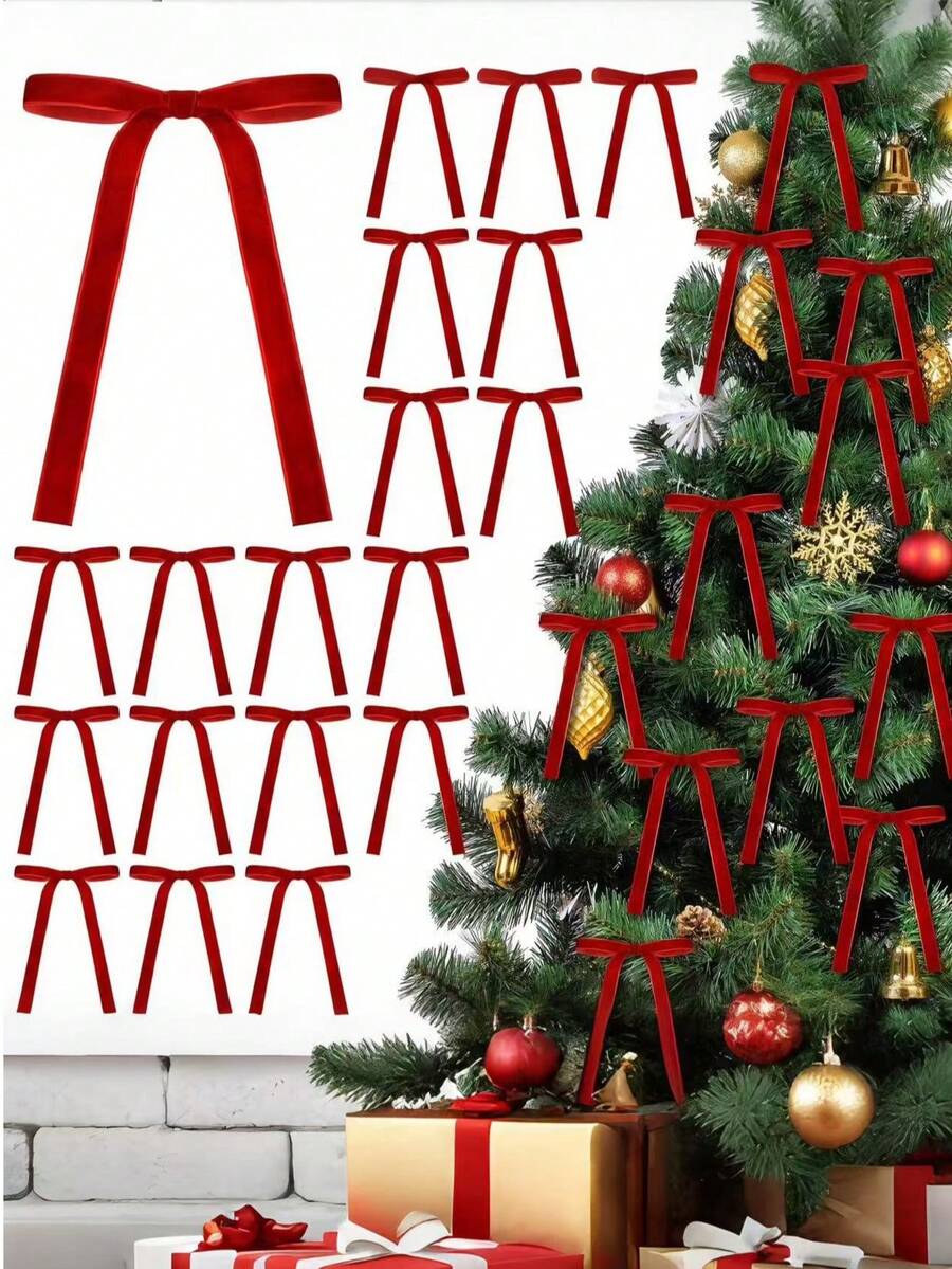 24 Pcs RIBBON Velvet Christmas Tree Bows Door Garland Decor Vintage Wreath Bow ,Velvet Christmas Swag Bow Rustic Velvet Christmas Staircase Wreath Bows Vintage Christmas Tree Topper Bows Bow For Christmas Outdoor,Christmas Bow Decoration(3/8'' Wide, 5 * 7 Inch)