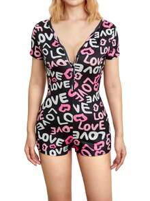 Women's Sexy Romper Shorts, Funny Print Long Sleeve Button Down Deep V Neck Bodysuit - Amor negro - Ver 1