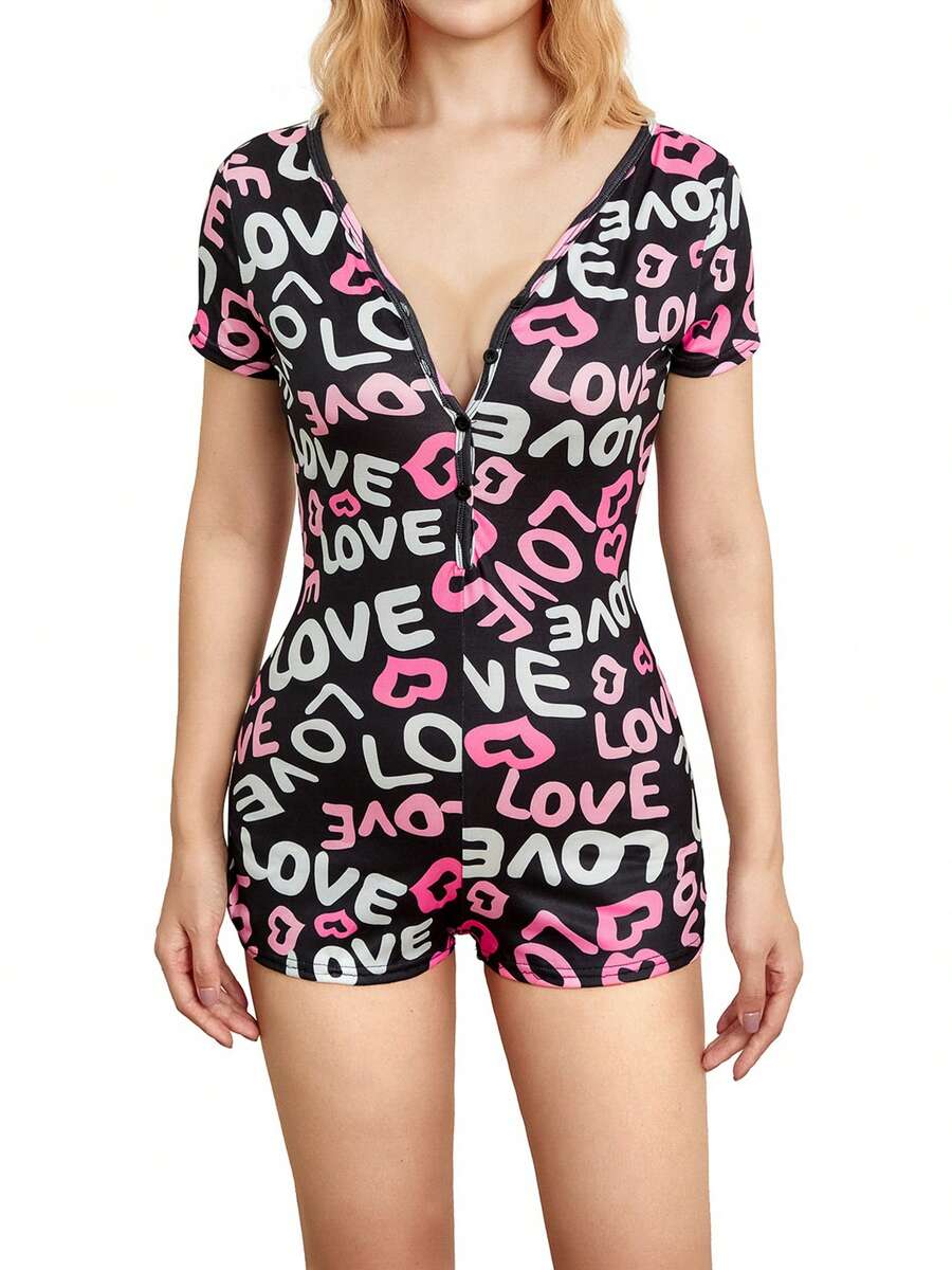 Women's Sexy Romper Shorts, Funny Print Long Sleeve Button Down Deep V Neck Bodysuit - Amor negro - Ver 1