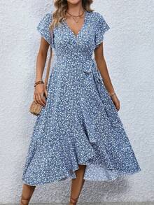 Women's Bohemian Floral Dress - V-Neck Ruffle Sleeve Tie Waist, Midi A-Line Skirt, Summer Vacation & Wedding Guest Outfit, Vestidos Elegantes De Mujer Teacher Outfits - Màu xanh lam - Xem 3