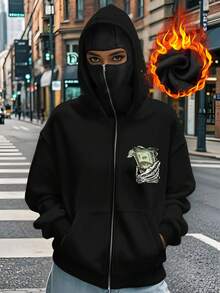 女款秋季开学双连帽骷髅手拿硬币字母图案印花开衫卫衣女士时尚街通用硬币印花双连帽开衫 - 黑色 - 查看 7