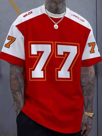 Men's Summer Fashion Streetwear T-Shirt, Casual Round Neck Short Sleeve Top With 3D Numeric Print - Black With Orange 77