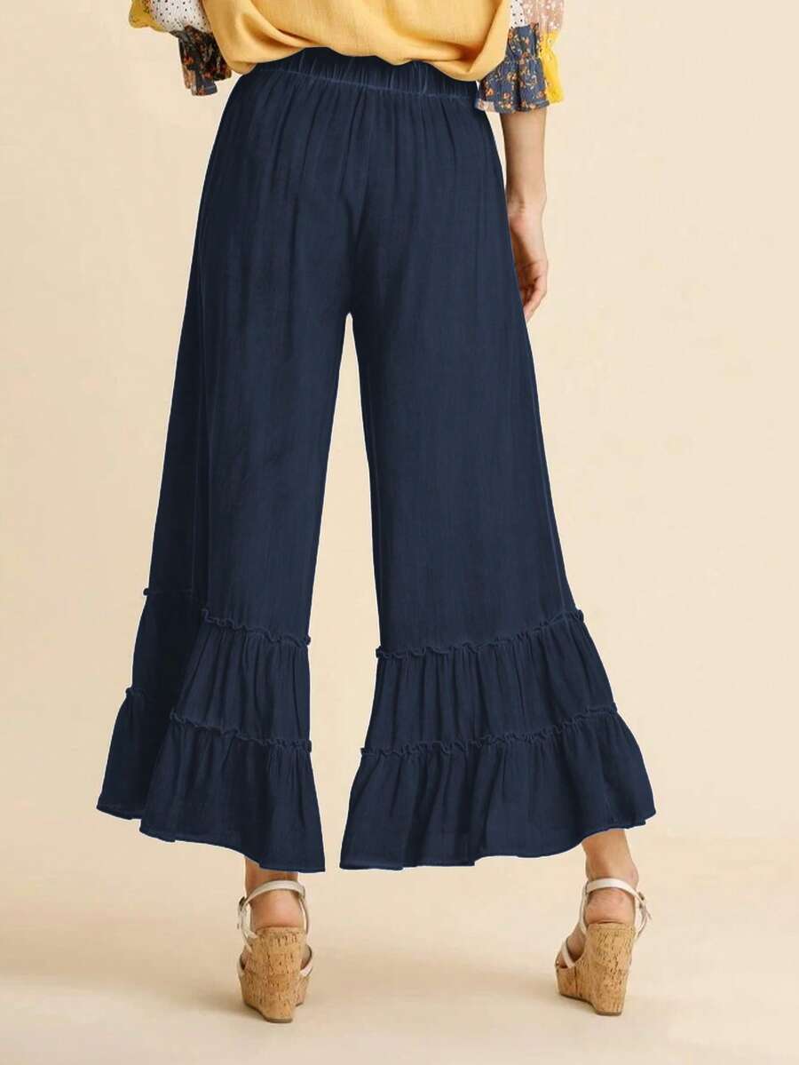 Women's High Waist Palazzo Pants - Elastic Stretchy Wide Leg Lounge Pants With Ruffle Ruched Detail, Loose Fit Boho Beach Trousers For Vacation Summer Casual - Màu xanh lam - Xem 1