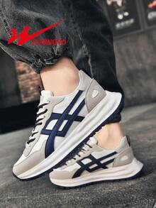 男士夏季百搭休闲跑步运动皮鞋男士厚底黑色鞋 - 白色 - 查看 4