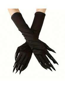 1 Pair Of Fun Halloween Claw Gloves - Detailed Red Long Nail Design, Flexible Forked Finger Gloves For Cosplay, Costume Parties, And Horror Performances - Black Fashion Themed Horror Accessories, Long Nail Ghost Gloves For Performance Props, Claw Gloves Home Decor Halloween Decor Room Decor - Multicolor - View 3
