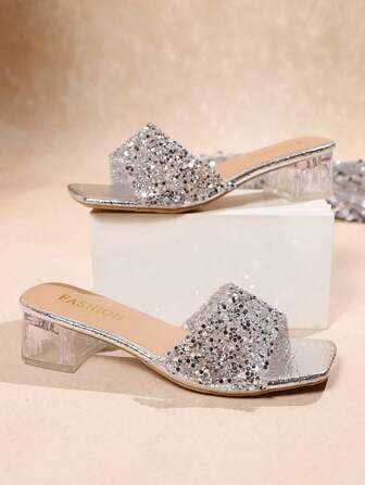 Women's Thick Heel Transparent Crystal Strap Pearl Bowknot Multi-Color Square Toe Chunky Heel Sandals, Elegant Versatile New High Heel Square Toe Chunky Heel High Heel Sandals