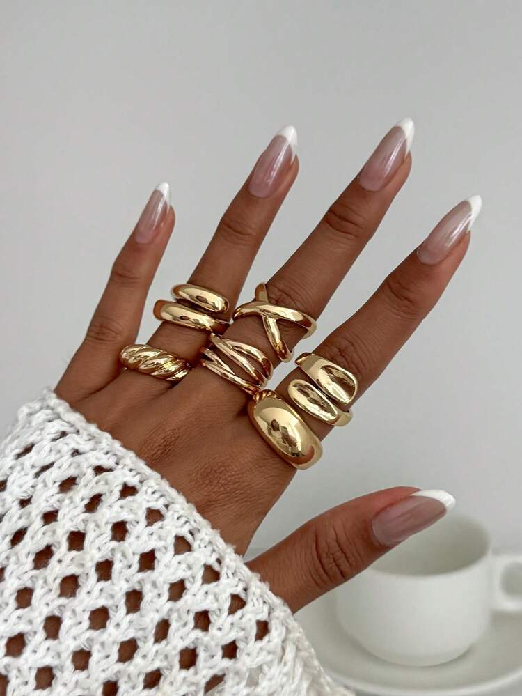 6pcs/Set Asymmetrical Geometric Vintage Textured Concave Rings Set, Elegant Fashion Casual Daily Party Cocktail Rings For Women, Couples, Dating, Vacation, Versatile Jewelry - Ring - View 6