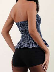 Women Smock Tube Tops Summer Vertical Stripe Print Ruffled Hem Bandeau Backless Shirts For Streetwear - 藍色 - 查看 6