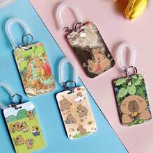 1 pieza Soporte vertical para tarjeta con diseño de personaje de dibujos animados Capi Bara, para tarjeta de campus, tarjeta de autobús, tarjeta de metro, tarjeta de almuerzo, tarjeta de acceso, pequeño protector de tarjeta con cuerda retráctil transparente - casquillos de resorte - Ver 8