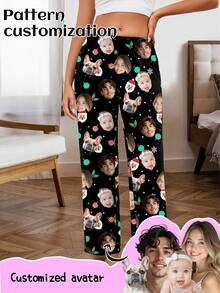 Pantalones de pijama personalizados para mujer, retrato de pareja único, intercambio de rostros de pareja e intercambio de rostros de mascotas, temática navideña y festiva - Mercancía de fans de retratos de celebridades - Negro - Ver 1
