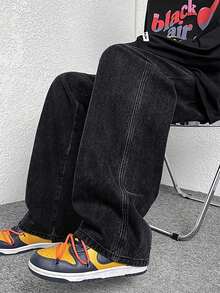 男士高级简约百搭直筒水洗牛仔裤，抽绳松紧腰休闲裤，四季皆宜 - 深灰色 - 查看 2