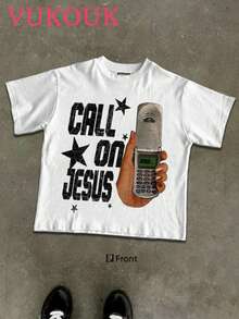 CALL ON JESUS Men's Fashion Men's Printed Short Sleeved T-Shirt, Men's Round Neck Top, 180g 100% Pure Cotton Fabric - Comfortable And Casual Summer Street Style Short Sleeved T-Shirt, Cool Design Retro Summer Men's Daily Wear T-Shirt Print - 白色 - 查看 1