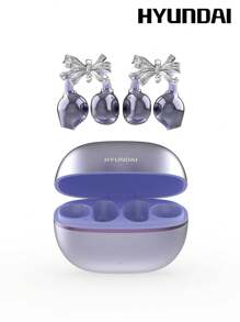 HYUNDAI 现代 EarclipC7 时尚蓝牙耳机，带蝴蝶结耳机配件，夹式耳机，适合运动、音乐、游戏，低延迟，电池寿命长，高清通话带麦克风，IP45 防水，佩戴舒适，无穿孔耳环，时尚配饰，送给女性的礼物