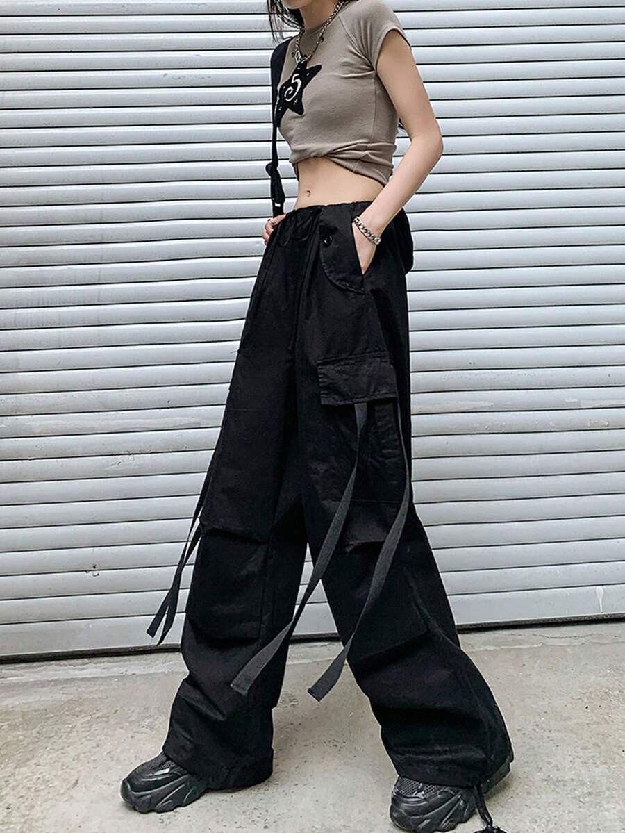 Calle Suelto Cordón Flutter Pantalones de trabajo Pantalones de pierna ancha Pantalones casuales con bolsillos de solapa Cintura baja Cordón de pierna ancha Pantalones de paracaidista