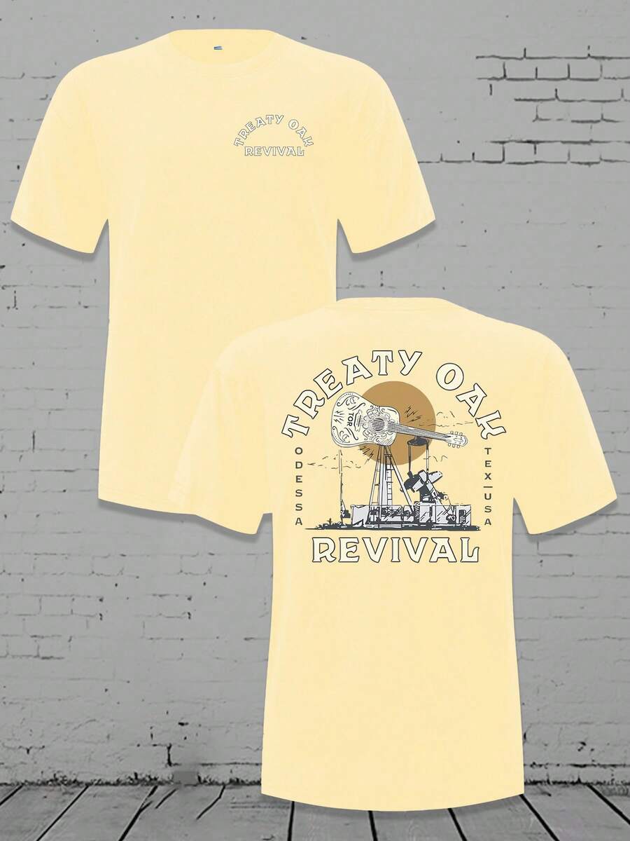 Men's Relaxed Crewneck T - Shirt - Treaty Oak Revival Guitar & Oil Rig Graphic, 220g Breathable Cotton Tee - Màu be - Xem 1