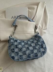 装饰性搭扣细节、缝线、链条肩带单肩包，女士装饰性搭扣单肩包，街头时尚流浪包，中小号斜挎包和钱包套装，适合购物、约会、作为女士礼物，也适合青少年、大学生、工作、商务、通勤等场合。 - 藍色 - 查看 4